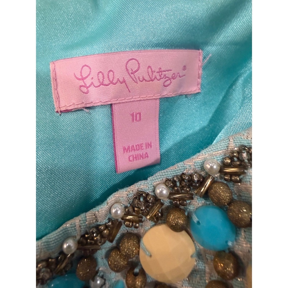 Lilly Pulitzer Strapless Beaded Cocktail Dress Aqua Gold Wedding Guest Party - Picture 10 of 12